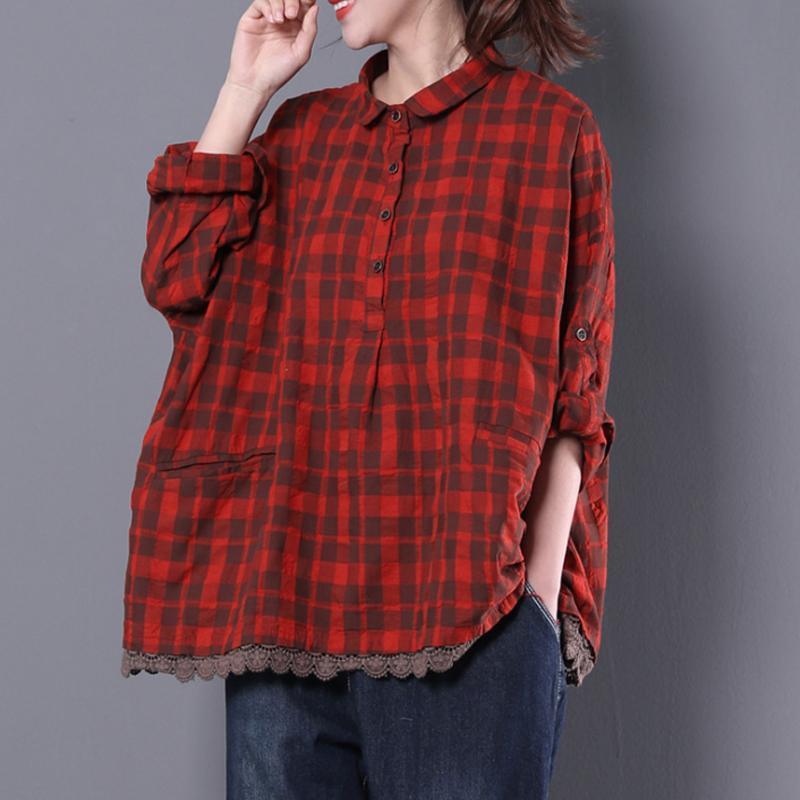 Women cotton clothes Sweets Female Lace Plaid Loose Pullover Shirt - Omychic