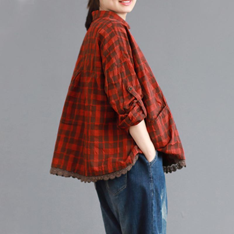 Women cotton clothes Sweets Female Lace Plaid Loose Pullover Shirt - Omychic