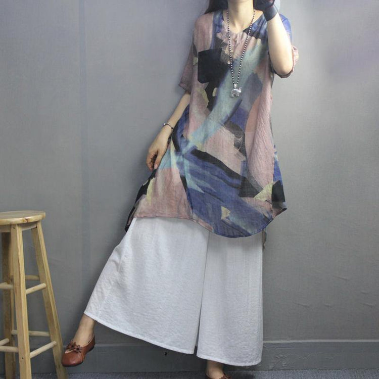 Women cotton clothes Women Retro Irregular Print Pockets Color Matching Blouse - Omychic