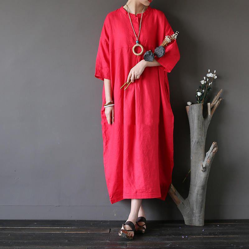 Women cotton clothes plus size stand collar Three Quarter sleeve Fabrics red Love Dress - Omychic