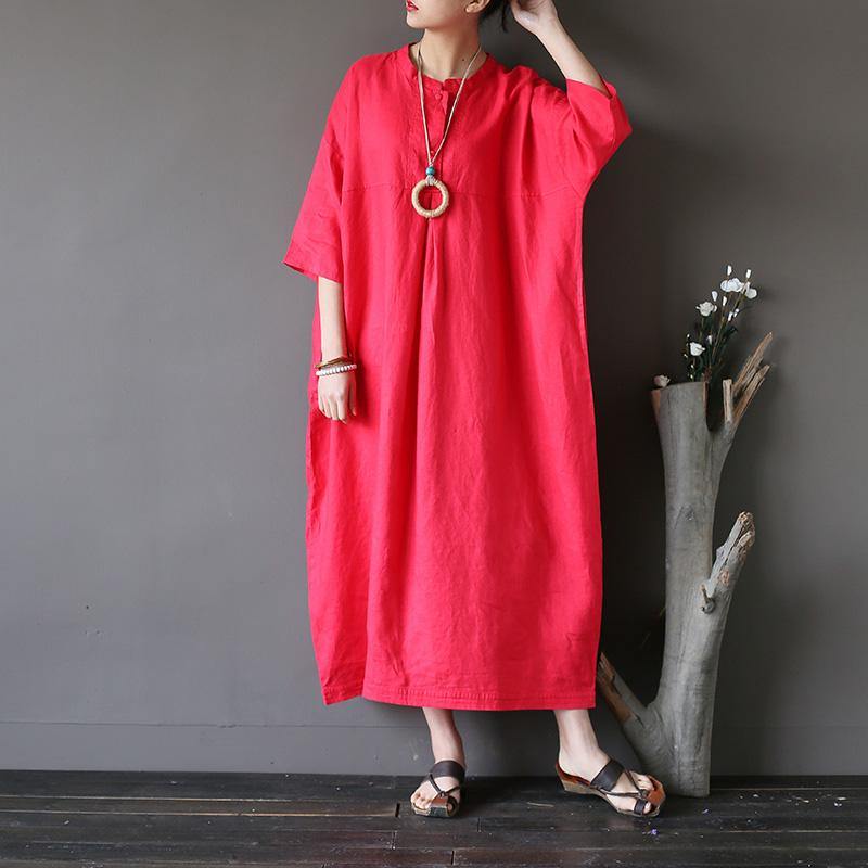 Women cotton clothes plus size stand collar Three Quarter sleeve Fabrics red Love Dress - Omychic