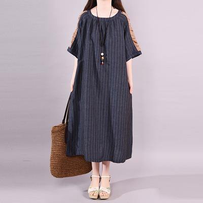 Women cotton dress plus size Raglan Sleeve Stripe Spliced Summer Dress - Omychic