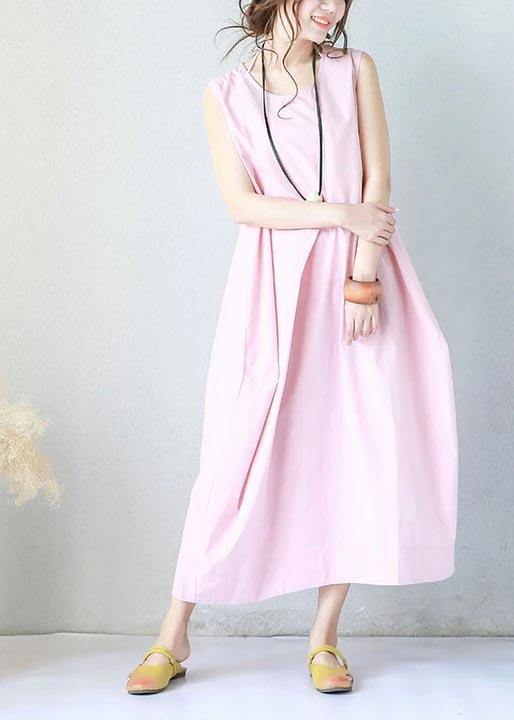 Women cotton dresses Summer Loose Hand-Made Pink Sleeveless Dress - Omychic