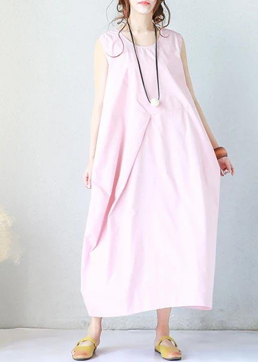 Women cotton dresses Summer Loose Hand-Made Pink Sleeveless Dress - Omychic