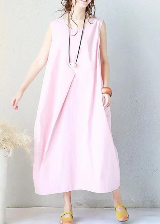 Women cotton dresses Summer Loose Hand-Made Pink Sleeveless Dress - Omychic