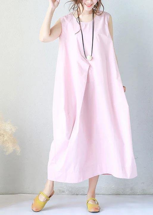 Women cotton dresses Summer Loose Hand-Made Pink Sleeveless Dress - Omychic