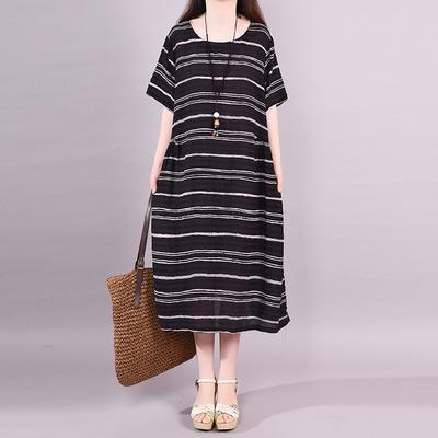 Women cotton linen Long Shirts plus size Loose Round Neck Striped A-Line Dress - Omychic