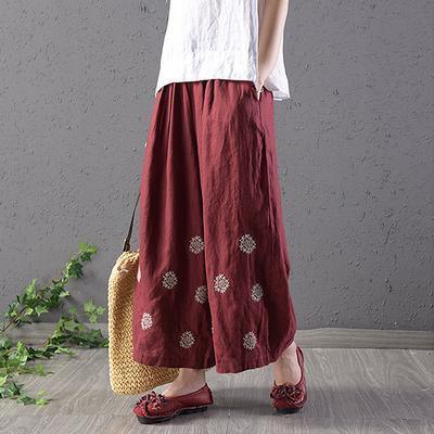 Women cotton red Vintage Linen Embroidery Ankle-Length Pants - Omychic