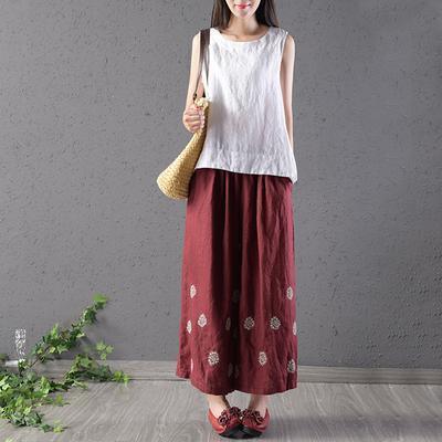 Women cotton red Vintage Linen Embroidery Ankle-Length Pants - Omychic
