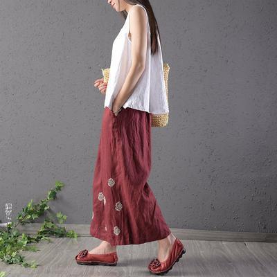 Women cotton red Vintage Linen Embroidery Ankle-Length Pants - Omychic