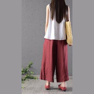 Women cotton red Vintage Linen Embroidery Ankle-Length Pants - Omychic