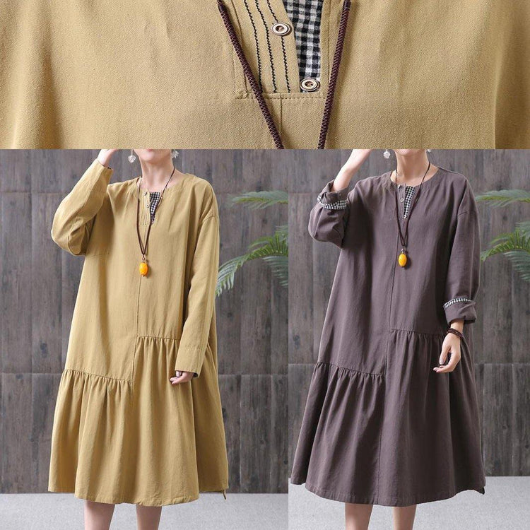 Women cotton tunic dress 2019 Women yellow Pleated Spliced Spring Casual Loose Midi Dress - Omychic