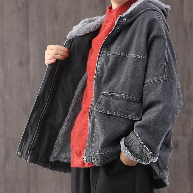 Women denim black Plus Size trench coat Fabrics hooded thick coat - Omychic