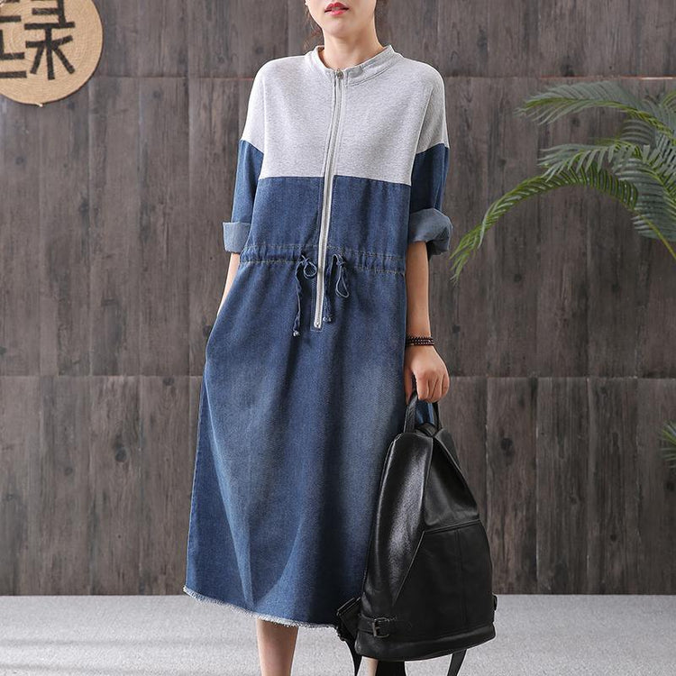 Women denim blue stand collar zippered oversized Dress - Omychic