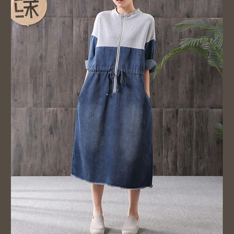 Women denim blue stand collar zippered oversized Dress - Omychic