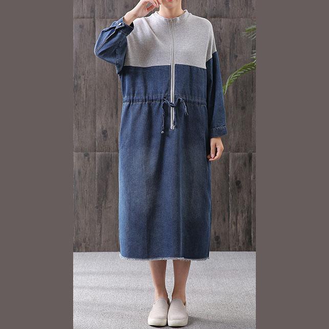 Women denim blue stand collar zippered oversized Dress - Omychic