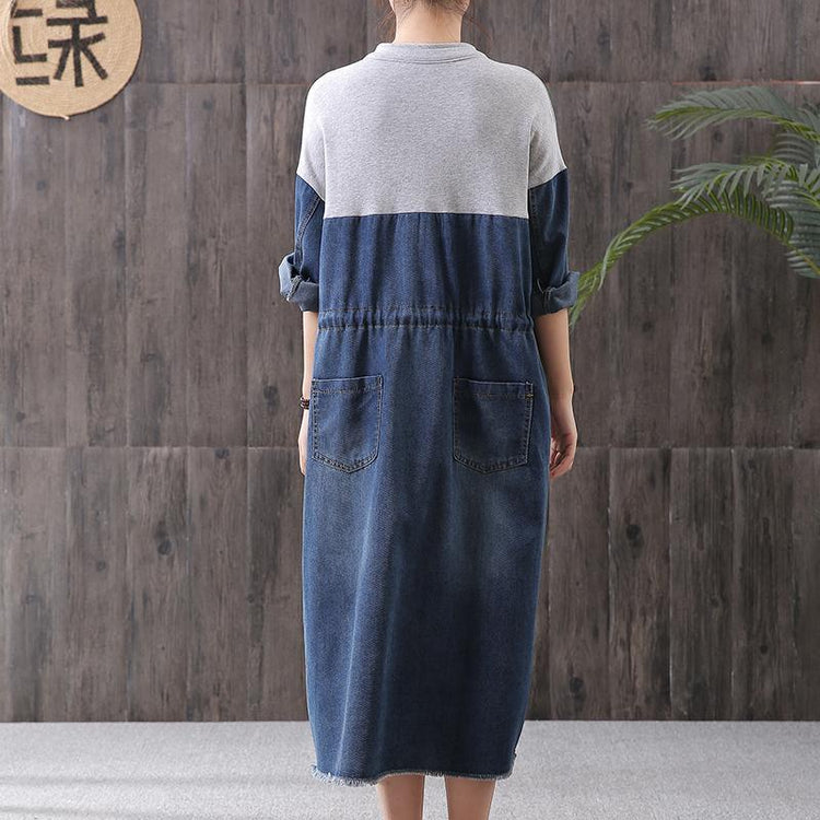 Women denim blue stand collar zippered oversized Dress - Omychic