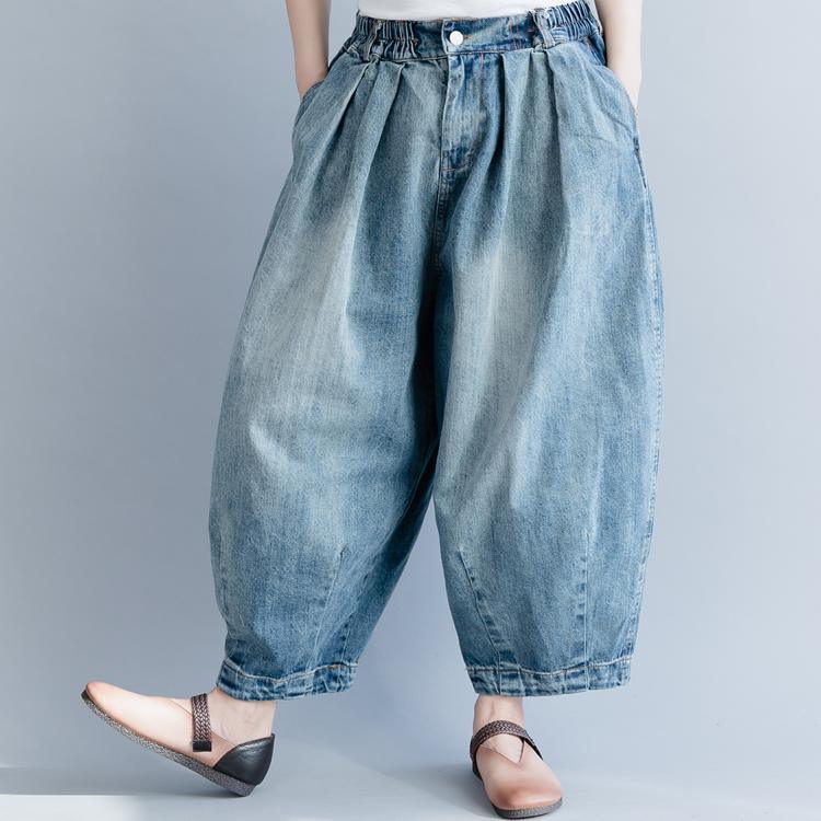 Women denim gray blue Cotton pants Catwalk harem pants pockets Plus Size spring - Omychic