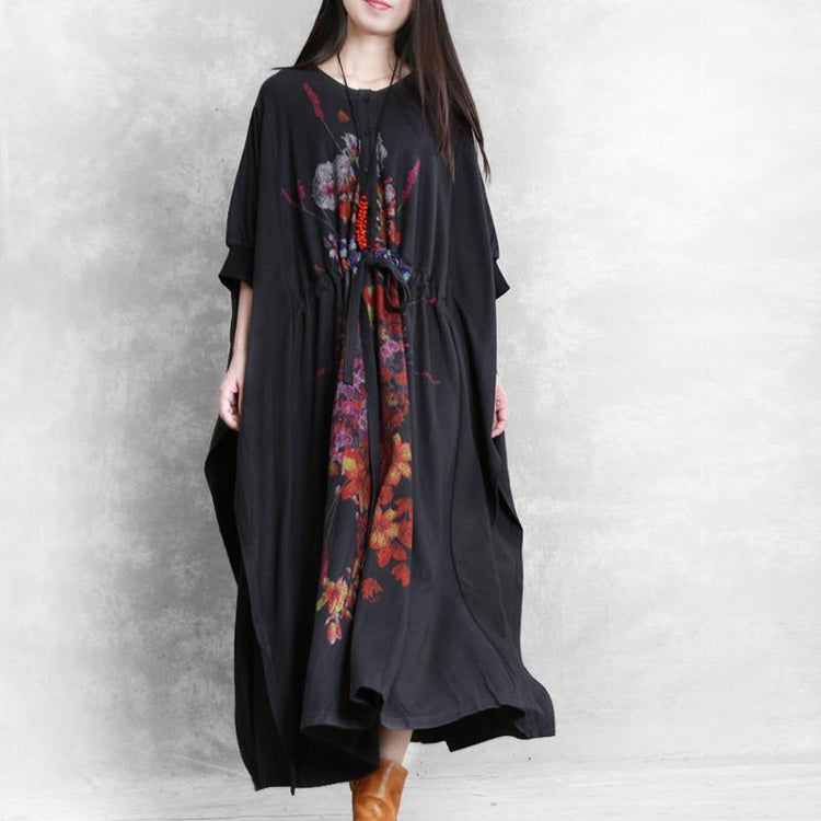 Women drawstring cotton dresses Catwalk black prints Maxi Dress fall - Omychic