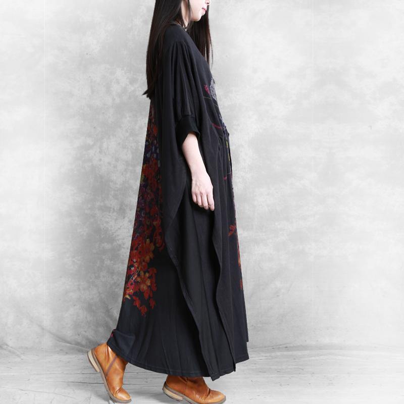 Women drawstring cotton dresses Catwalk black prints Maxi Dress fall - Omychic