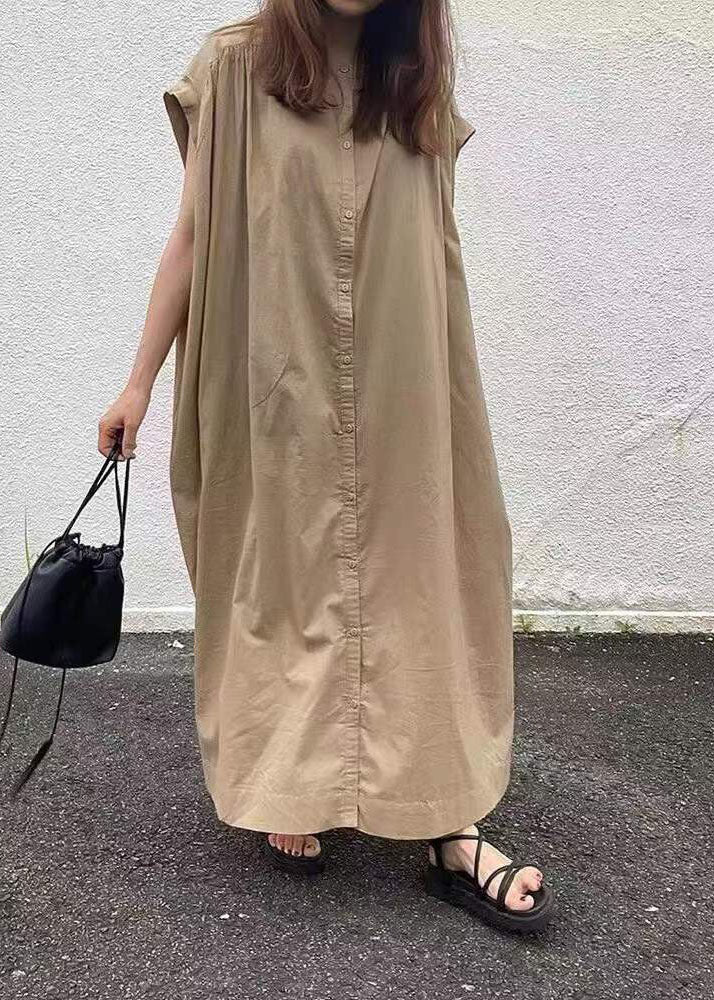 Women easy Khaki Button Cotton long Dress Short Sleeve