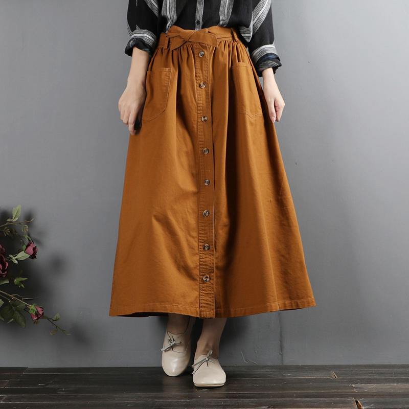 Women Elastic Waist Cotton Fall Clothes Fabrics Brown Art Skirts ( Limited Stock) - Omychic