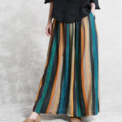 Women elastic waist pockets linen Runway multicolor striped skirt summer - Omychic