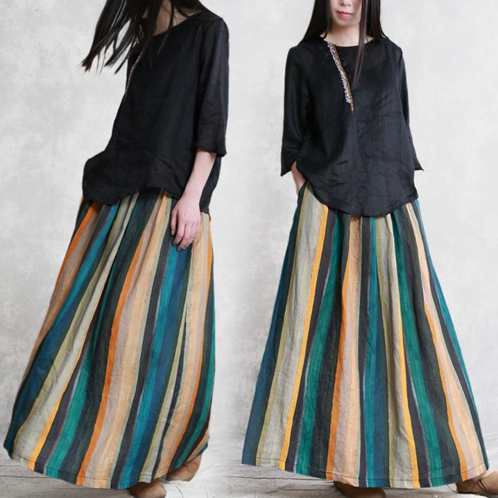 Women elastic waist pockets linen Runway multicolor striped skirt summer - Omychic
