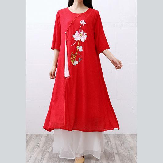 Women embroidery chiffon dresses Wardrobes red o neck Dress summer - Omychic