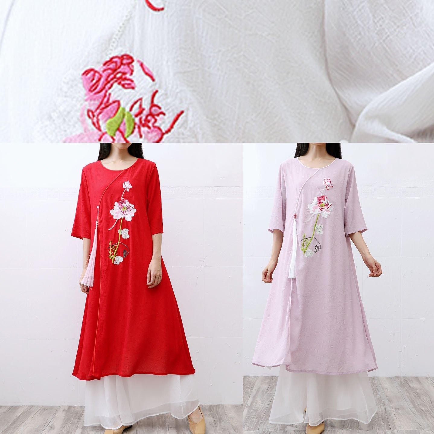 Women embroidery chiffon dresses Wardrobes red o neck Dress summer - Omychic