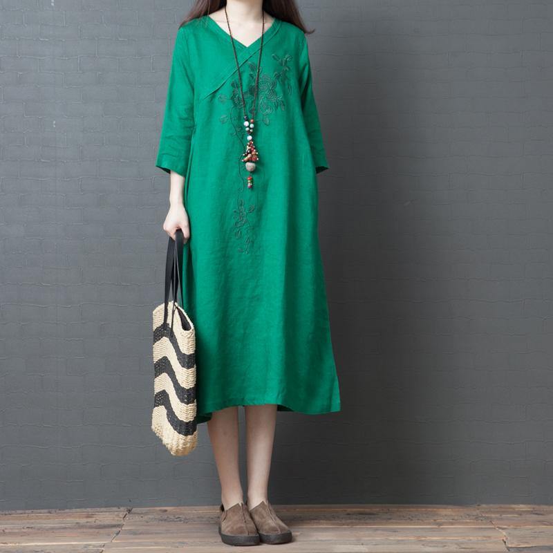 Women embroidery cotton tunic dress Sleeve green cotton Dress summer - Omychic