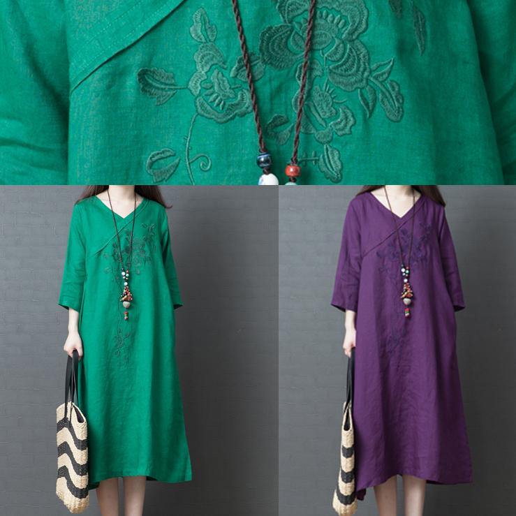 Women embroidery cotton tunic dress Sleeve green cotton Dress summer - Omychic