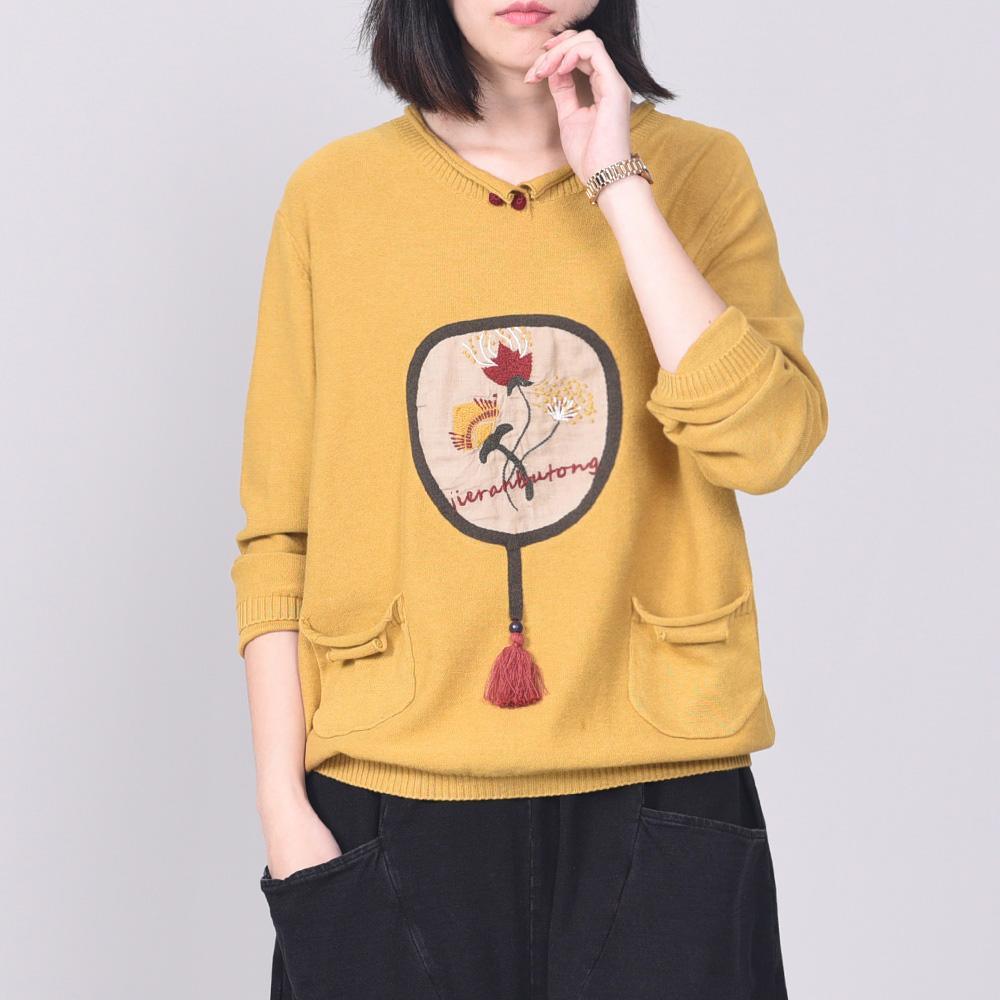 Women embroidery knit blouse plussize navy knitwear pockets - Omychic
