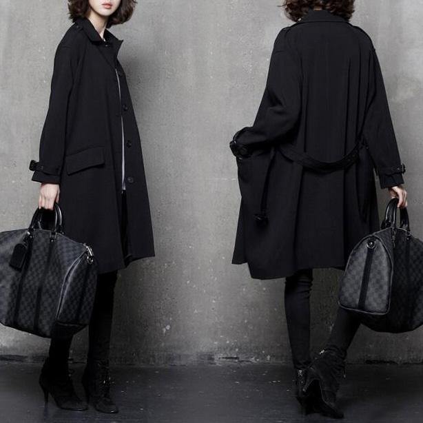 Women fall Plus Size tie waist maxi coat black oversized women coats - Omychic