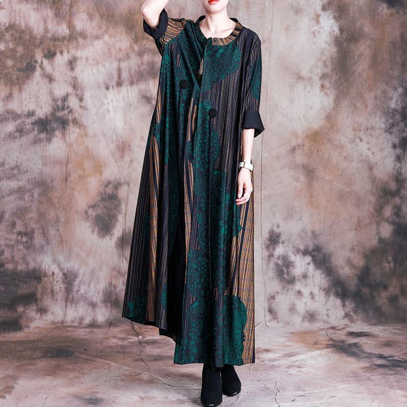 Women fall cotton o neck quilting clothes linen green prints Plus Size Dress - Omychic