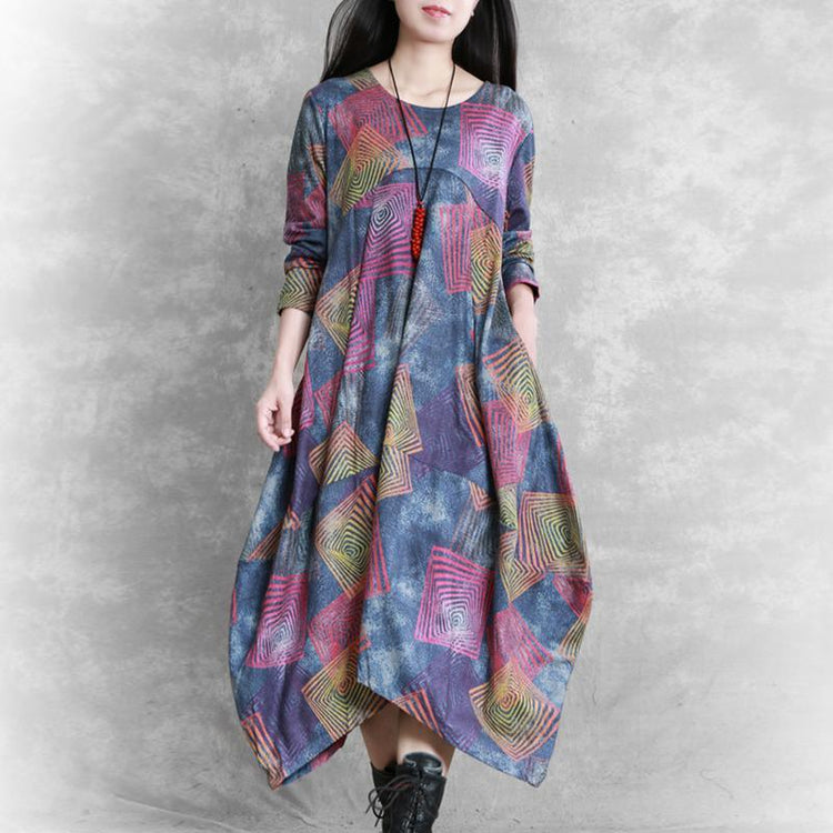 Women floral cotton clothes o neck asymmetric A Line Dress - Omychic