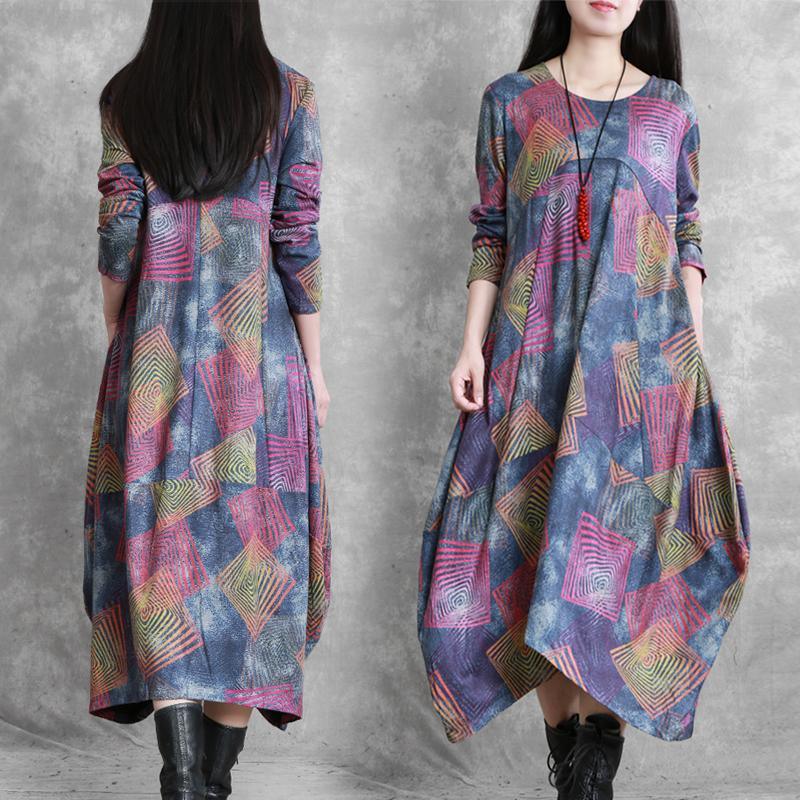 Women floral cotton clothes o neck asymmetric A Line Dress - Omychic