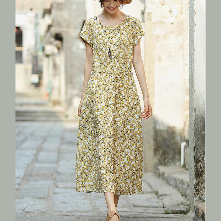 Women Floral Chiffon Dresses Plus Size Design O Neck Tie Waist Maxi Summer Dress - Omychic
