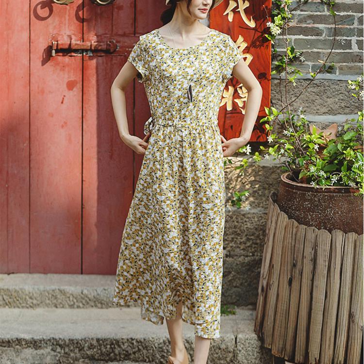 Women Floral Chiffon Dresses Plus Size Design O Neck Tie Waist Maxi Summer Dress - Omychic