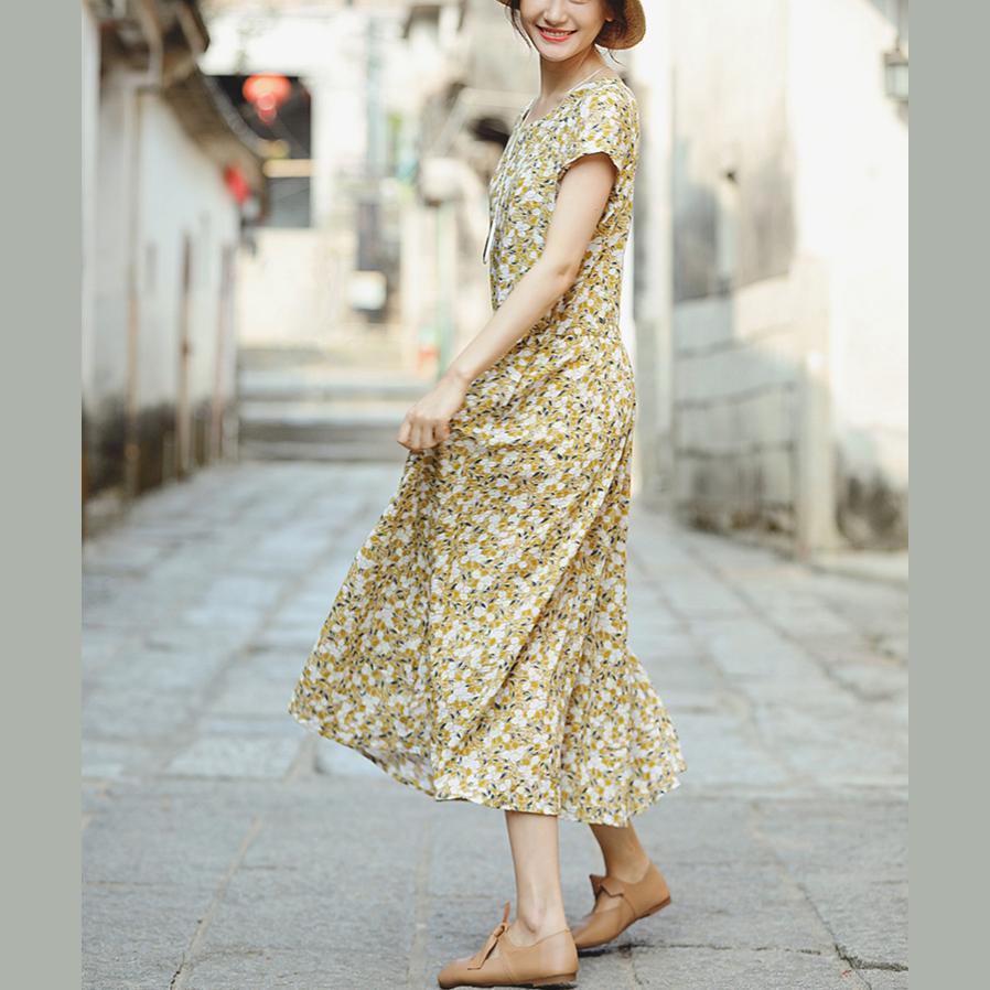 Women Floral Chiffon Dresses Plus Size Design O Neck Tie Waist Maxi Summer Dress - Omychic