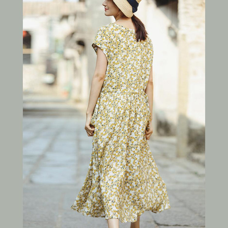 Women Floral Chiffon Dresses Plus Size Design O Neck Tie Waist Maxi Summer Dress - Omychic