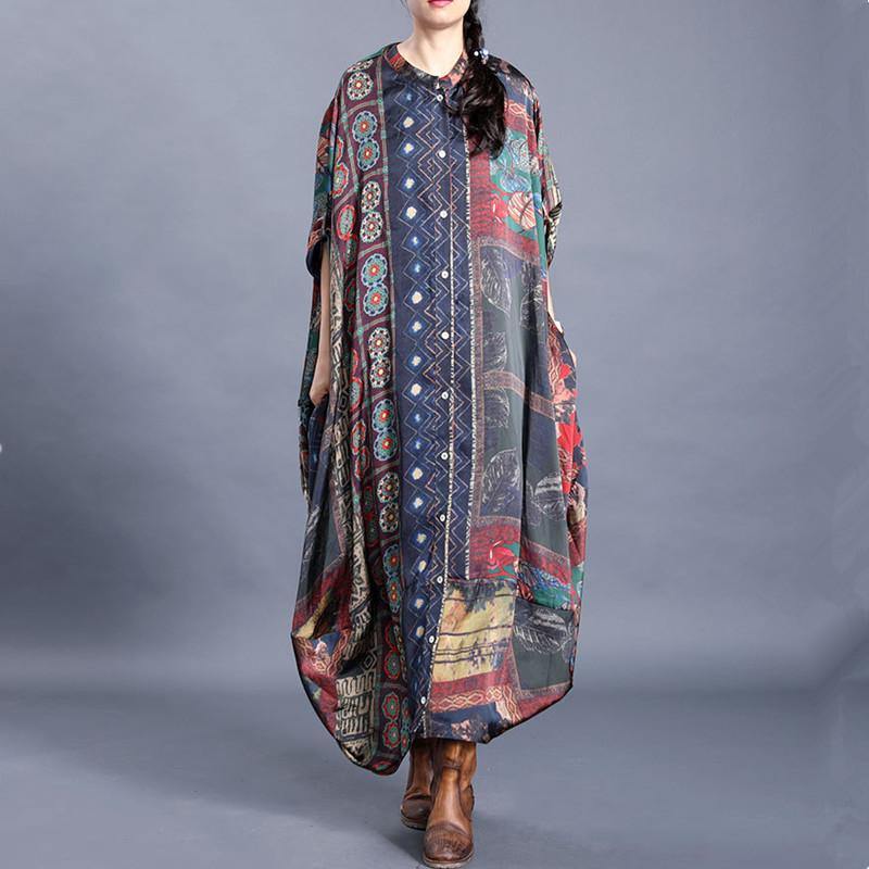 Women floral cotton dresses stand collar asymmetric Art Dresses - Omychic