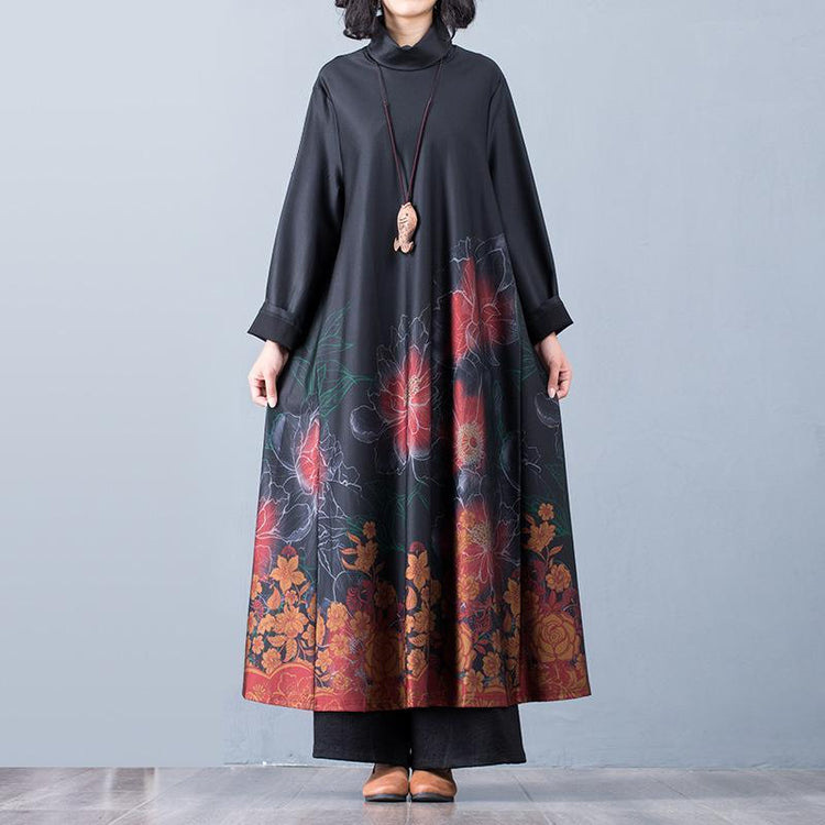 Women floral cotton high neck outfit design black Art Dress - Omychic