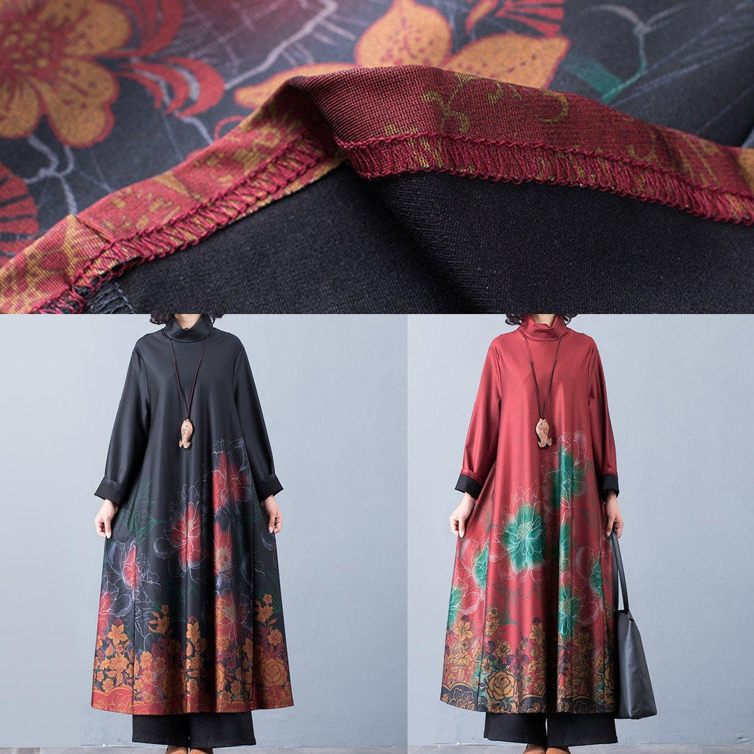 Women floral cotton high neck outfit design black Art Dress - Omychic