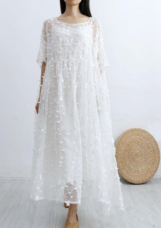 Women floral lace cotton quilting clothes Sleeve white o neck long Dress summer - Omychic