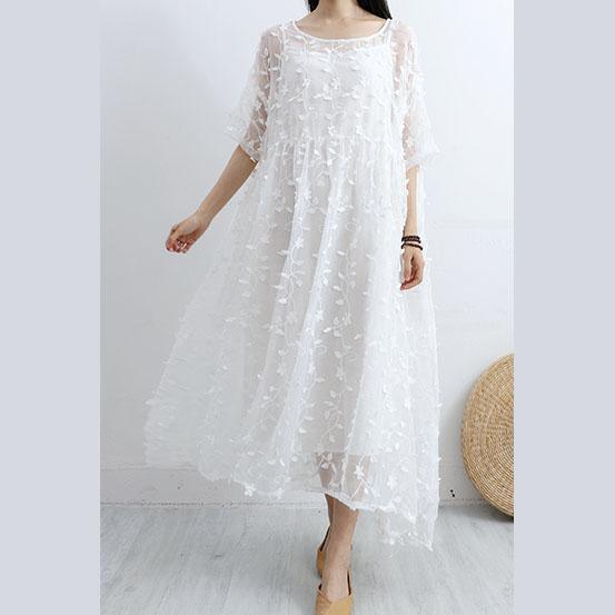 Women floral lace cotton quilting clothes Sleeve white o neck long Dress summer - Omychic