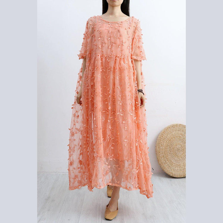 Women floral lace cotton tunic top Outfits orange Art Dresses summer - Omychic