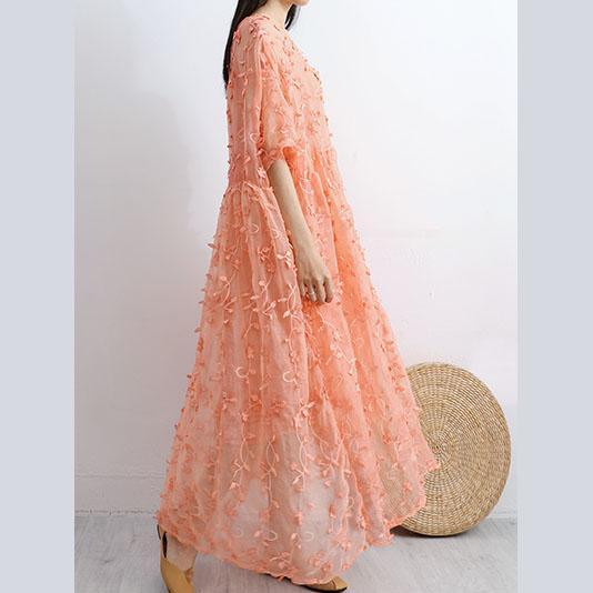 Women floral lace cotton tunic top Outfits orange Art Dresses summer - Omychic