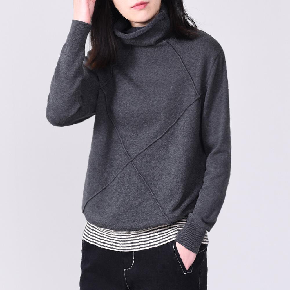 Women gray knitted pullover casual high neck knit sweat tops long sleeve - Omychic