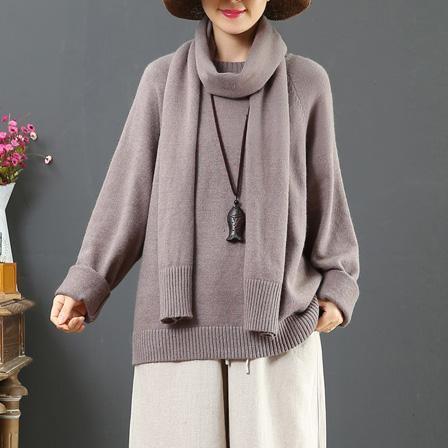 Women gray knitted top With scarf fall fashion thick knit sweat tops - Omychic